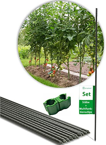 Novatool 10 x Rankstab 110 cm und 10x Multifunktionsclip 11mm I Rankhilfe Gurken Rankgitterverbinder Tomatenstab Pflanzenclips I Garten Multifunktionsclips Pflanzenklammern Befestigung Gewächshaus