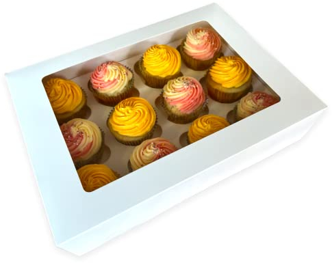 Bake Pro 10 x Premium 12 Cupcake Boxes with Adjustable Insert | 33 x 24 x 7.5cm | Holds 12 Muffins or Cupcakes | Recyclable Cardboard | Pop-Up Construction with Window | Food Safe | Made in the UK