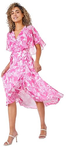 Roman Frill Dress for Women UK Ladies Summer Wrap Chiffon Frill Hem Layered Belted Midi Maxi Tiered Cape Special Occasion Fit & Flare Wedding Guest Swing Skater - Petite Pink Ivory - Size 18
