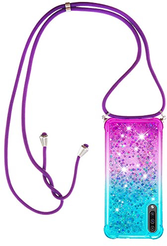 Paekear Handykette für Samsung Galaxy A7 2018 / A750 Hülle, Smartphone Necklace Glitzer Transparent Silikonhülle mit Band - Handyhülle Cover Case mit Stylische Kette zum umhängen, Blau & Lila