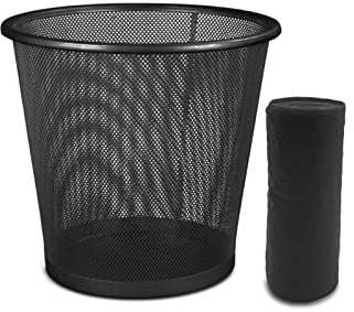 EUROXANTY Papelera de rejilla + Bolsa basura | Papelera de oficina | Papelera de metal | Rejilla para ventilar | Papelera 10L | Pack 15 bolsas | Negra