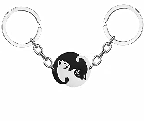 LATRAT Porte-clés de couple en acier inoxydable, rond inox avec pendentif puzzle chat noir et blanc, un porte-clés représentant l'amour ou l'amitié, un cadeau pour lui/elle, argent, normal