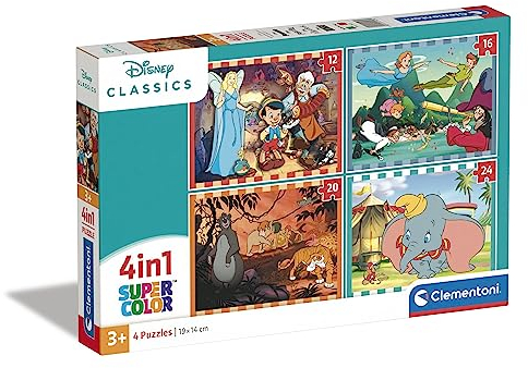 Clementoni - 21523 - Supercolor Puzzle 4 in 1 - Disney Classics - Puzzle 12,16,20,24 Teile Ab 3 Jahren, Buntes Kinderpuzzle Mit Besonderer Leuchtkraft & Farbintensität