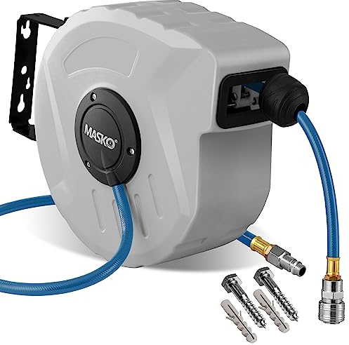 MASKO® Avvolgitore per tubo ad aria compressa automatico Attacco 1/4 - Avvolgitubo Portatubo a muro Avvolgitore per tubo Avvolgitore per tubo ad aria compressa, Grigio, 30m