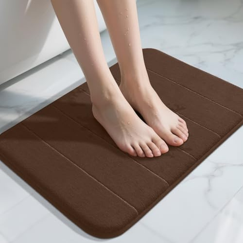 Yimobra Memory Foam Bath Mat, 43 x 61 cm, Soft and Comfortable, Super Water Absorption, Non-Slip, Thick, Machine Wash, Easier to Dry for Bathroom Floor Rug, Brown