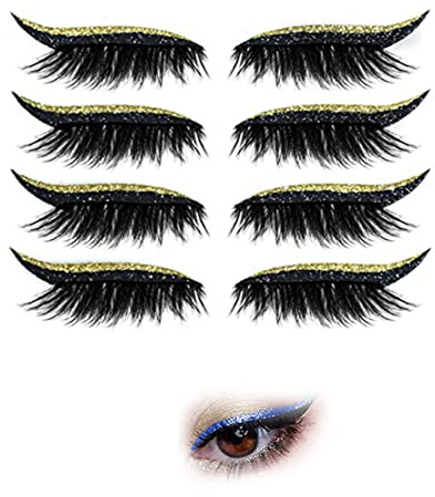 4 Pairs Eyeliner Stickers, Eyelash Stickers, Glitter Shiny Eyeliner Stickers, Reusable Self- adhesive Eyeliner And Eyelash Stickers With Glitter, For Birthday Wedding Party (Gold)