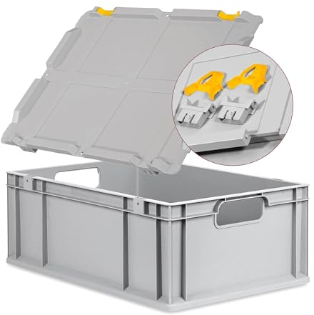 Eurobox NextGen Economy 60x40x22cm Griffe offen mit Scharnierdeckel grau, Kunststoffbox 44 Liter, Transportbox Lagerbox Campingbox stapelbar, Farbe Deckel-Verschlüsse wählbar (Verschluss Gelb)