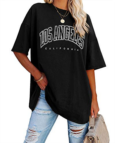 Ebifin Oversize T Shirt Damen Vintage Kurzärmeliges Rundhals Los Angeles Oberteile Tops Casual Lockere Basic Sommer Tee Shirts Bluse.Schwarz.XXL