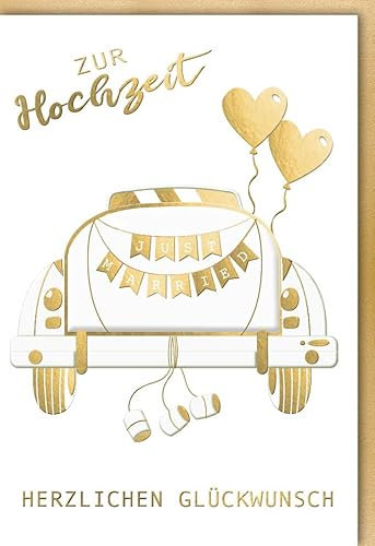 Verlag Dominique Hochzeitskarte zur Hochzeit mit Auto Luftballons Just Married Schriftzug in Gold und Weiß Herzlichen Glückwunsch Doppelkarte für Frauen mit Umschlag