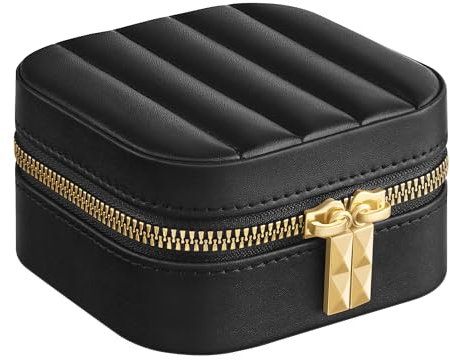 SONGMICS HOME ANAH Kollektion - Schmuckkästchen Reise, Schmuckbox klein, Schmuckaufbewahrung mit Spiegel, 10,5 x 10,5 x 6 cm, PU mit Nähten, Reißverschluss, Geschenkidee, tintenschwarz JBC179B01