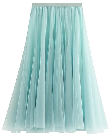 Tüllrock Damen A-Linie Elastischer Hoher Bund Midirock Mesh Großer Saum Langer Rock Elegant Faltenrock Sommerrock,Hellgrün