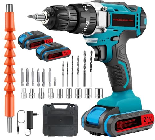 Trapano Avvitatore Batteria 21V, Trapano a Batteria, Trapano Avvitatore a Percussione Batteria 2 Batterie da 2.0Ah, 40N.m di Coppia, 2 Velocità, 25+3 Coppia, 24 Accessori