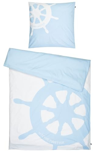 SCHIETWETTER Accessoire Bettwäsche Steuerrad 135x200, 2teilig Bettbezug, Kissenbezug, Bettwäsche-Set, maritimer Wendebezug, 100% Baumwolle