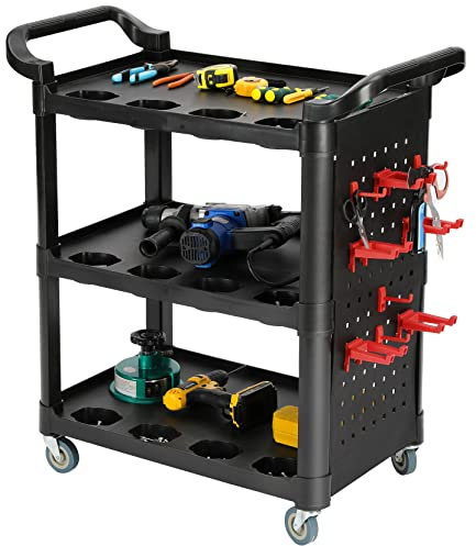 3 Tiers Workshop Garage Tool Storage Trolley Cart Plastic, Heavy Duty Rolling Tools Trolleys on Wheel with 8pcs Hooks and Hanging Plate, Push Along Utility Service Carts w/ 2 Side Handles