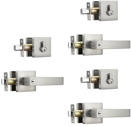 NCL Türdrücker mit Einzylinder-Riegel, verschiedene robuste Kombinationsset, Satin-Nickel, Außentürschloss-Set für Haustür, 3 Stück