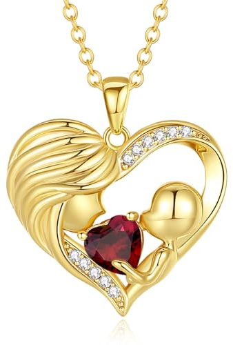 FANCIME Mama Kette Damen, 925 Sterling Silber Herz Mutter und Kinder Granat Anhänger Halskette Schmuck Muttertagsgeschenk Geburtstagsgeschenk für Mama Damen Frauen