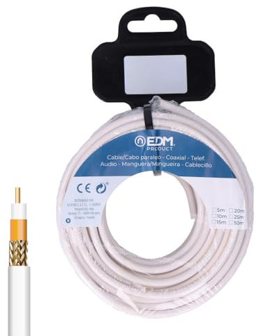 Carrete de cable coaxial apantallado de cobre 10 m, ideal para instalaciones de redes y transmisión de señales de TV.