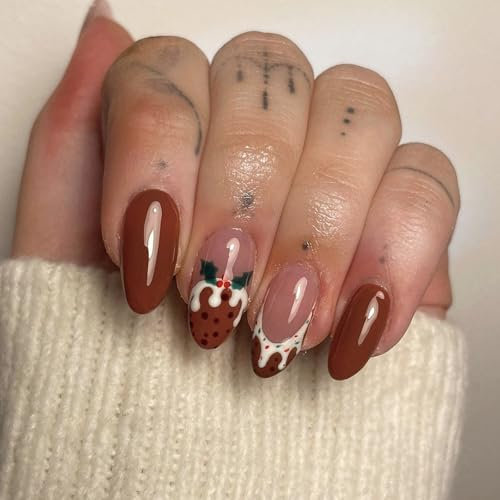 24 Pièces Noël Faux Ongles - Marron Press on Nails Amande Moyenne - Couleur Pure Français Faux Ongles à Coller avec Mignon Wapiti Dessin - Acrylique Artificiel Capsules Ongles pour Femmes et Filles