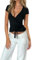 Women's Lace Trim Wrap Top T-Shirt Y2K Short Sleeve Deep V Neck Going Out Tee Tops Slim Fit Fairy Workout Blouse (Black, S)