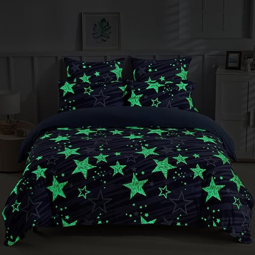 GETIYA Blau Bettwäsche 135x200 Kinder Bettwäsche Stern Leuchtend im Dunkeln Mädchen Jungen Bettbezug Stern Muster Weich Mikrofaser Wendebettwäsche Einzelbett mit 1 Kissenbezug 80x80