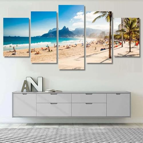 YOURNAME Leinwandbilder XXL Wohnzimmer Bilder Groß Bild auf Leinwand 5 Teilig Zwei Brüder Berg am Ipanema Strand Rio De Janeiro Wandbilder Schlafzimmer Wandbilder KüChe Wanddekoration Wohnzimmer