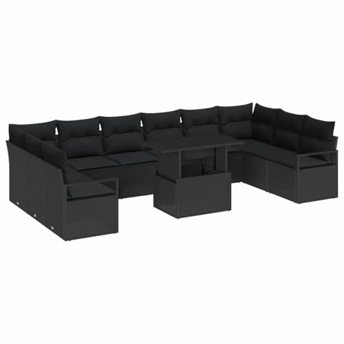vidaXL 11-teiliges Garten-Sofa-Set mit Kissen in Schwarz aus Poly-Rattan, für 8 Personen, wetterfest und modulare Bauweise. Perfekt für deinen Balkon oder die Terrasse.