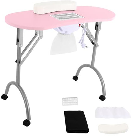 Table à ongles avec aspiration, 5,5 W, pliable, avec roulettes, aspirateur à ongles mobile avec 3 sacs d'aspirateur et sac de transport pour salons de manucure, salons de beauté, maisons, jusqu'à 30