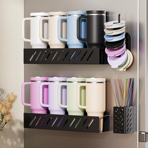 Wolera 2-Pack Magnetic Stanley Cup Holder with Tumbler Lid & Straw Organizer for Full Stanley 30/40 oz Tumblers - Stores Bottle, Lid & Straw on Fridge/Iron - Removable