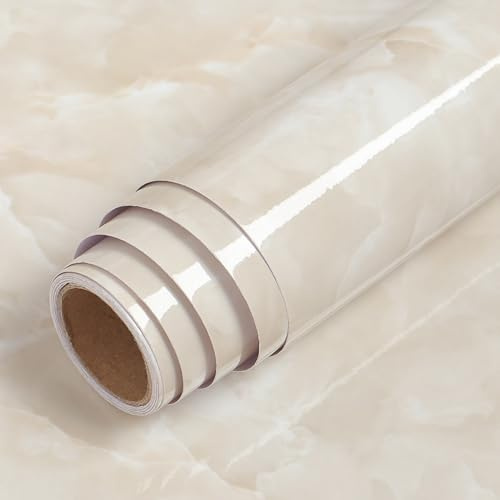 LaCheery Marmol Vinilo Adhesivo Muebles Beige Brillo Vinilo para Encimera de Cocina 60cm x 400cm Papel Adhesivo para Muebles Crema Impermeable Vinilos Armarios Dormitorio Pared Decorativo para Baño