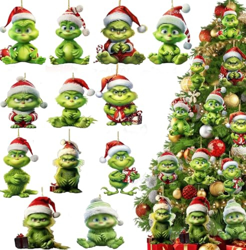 QXNDXQ 12PCS Deko Weihnachten, 2D Lustiges grünes Monster Weihnachtsdeko,Acryl-Hängende Weihnachtsbaum Ornamente, Lustig Weihnachtsbaumschmuck, Weihnachten Partydekoration