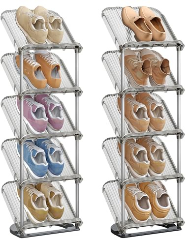 SONGMICS 5-Tier Slim Sloping Shoe Racks, Set of 2 | Shoe Storage Organisers, Plastic, 24.5 x 28.4 x 102.5 cm, Customisable, Space Saving, Grey, DENNYS Collection LPC050GZ01