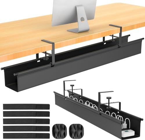 REFLYING 111cm Cable Management Tray, Under Desk Cable Management No Drill, Adjustable Clamp Desk Wire Organiser, Cable Tray for Standing Table, Cable Tidy in the Office or Home, Black