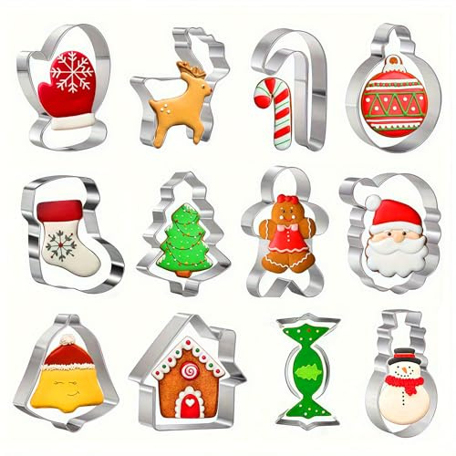 Set 12 Tagliabiscotti Natalizi,Formine Biscotti Natalizie in Acciaio Inox,Stampi Biscotti Natale per Pan di Zenzero,Albero,Renna e Decorazioni Dolci Fatti in Casa