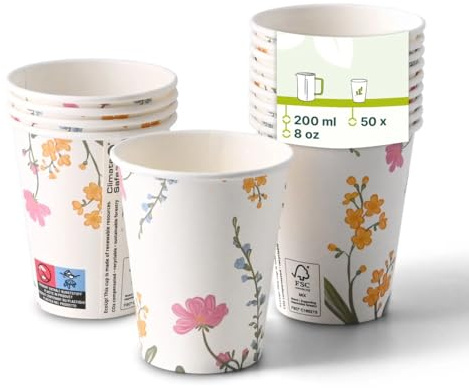 GREENBOX Pappbecher mit Blumen Aufrduck 50 Stück 200ml/8oz, Ø 80mm, weiß - PE Beschichtung - Take away Becher - Papierbecher bunt - Einweg - Stilvoll für Veranstaltung, Gastronomie, Party, Festival