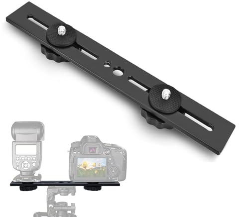 THQAE 20 cm Dual Flash Bracket Staffa, Supporto per Flash in Alluminio con Filettatura da 1/4’ e 3/8'' per Fotocamera con Doppia Slitta a Contatto Caldo per Fotocamera DSLR, Luce LED, Microfono