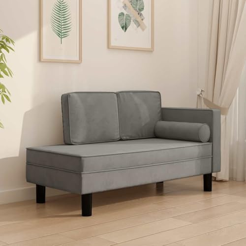 LoogCape Chaiselongue Hellgrau Samt, 118x55x57 cm, mit Kissen und Nackenrolle, Robustes Massivholzgestell, bequemes Lounge Sofa für Wohnzimmer, Schlafzimmer und kleine Räume