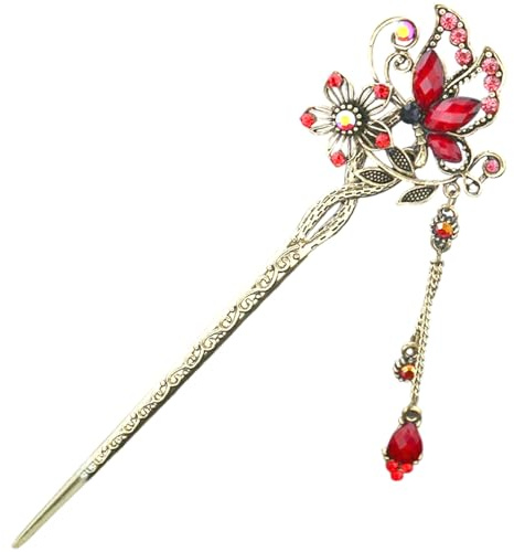 Épingles à cheveux chinoises, bâtons de cheveux chinois, épingle à de style traditionnel avec papillon en strass, baguettes rétro 5, 9 pouces pour femmes et filles
