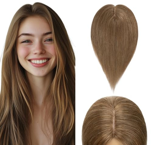 Elailite Hair Topper Echthaar Clip in Haarteil Haartopper Damen 45cm 57g Haarteile Toupet Silk Lace 10x12cm #6 Hellbraun