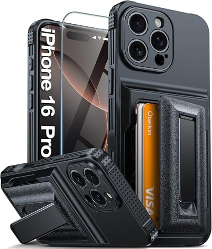 Oterkin for iPhone 16 Pro Wallet Case | Screen Protector | Kickstand, Black | 4-5 Card Holder, RFID Blocking, Metal Kickstand, Full Camera Protection | Rugged Shockproof Phone Case for iPhone 16 Pro 6.3