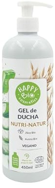 HappyBio Gel de Ducha Hidratante Suave con Aloe Vera y Avena BIO 450ml