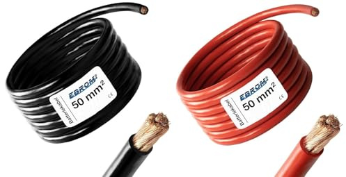 EBROM Batteriekabel ROT (+) SCHWARZ (-) Paar, 50 mm2, Wahl: 1 Meter 50 mm² | Ab 1 m bis 50 m, PLUSKABEL und MASSEKABEL als Kombi 2,5 / 4 / 6 / 10 / 16 / 25 / 35 / 50 oder 70 mm² wählbar 99,9% OFC Kupfer