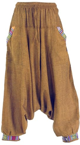 Pluderhose, Aladinhose Nepali, 100% Baumwolle, weit geschnitten, olivgrün | Leichte Goahose, breite Beinbündchen, elastischer Bund, Hosentaschen mit nepalesischer Webbordüre.