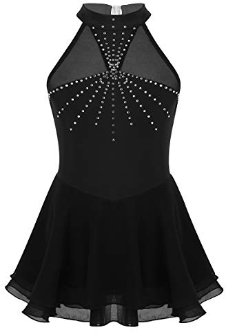dPois Mädchen Neckholder Gymnastikanzug Tanzkleid Ärmelloses Eiskunstlauf Rollschuh Kleid Trikot Leotard Glänzende Tanzkostüm für Training Performance Schwarz 146-152
