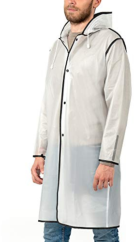 PERLETTI Regencape Wasserdicht Damen Herren Reflktierende Details - Regenjacke Wandern Outdoor Trekking Reisen mit Kapuze - Regen Poncho Waterproof Kompakt Camping (L, Transparent mit Rand Schwarz)
