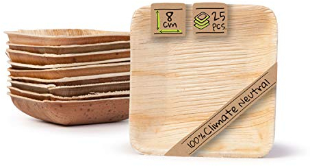 GREENBOX Palmware - Lot de 25 bols jetables bio carrés de 80 ml, 8 x 8 cm - Vaisselle de fête compostable et biodégradable - Feuilles de palmier - Vaisselle jetable pour amuse-bouches, buffet