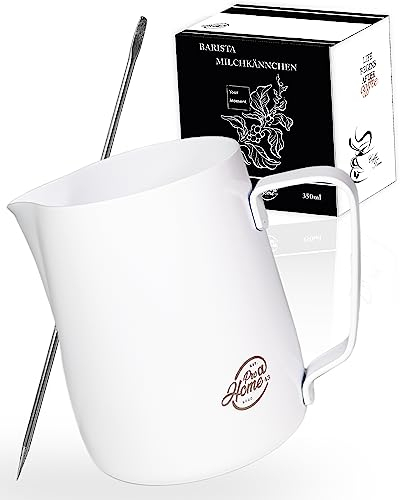 Pro@Home43 Barista Edelstahl Milchkännchen weiß 350ml (auch 600ml) inkl. Latte Art Stift/Milchschaumkännchen in Geschenkbox