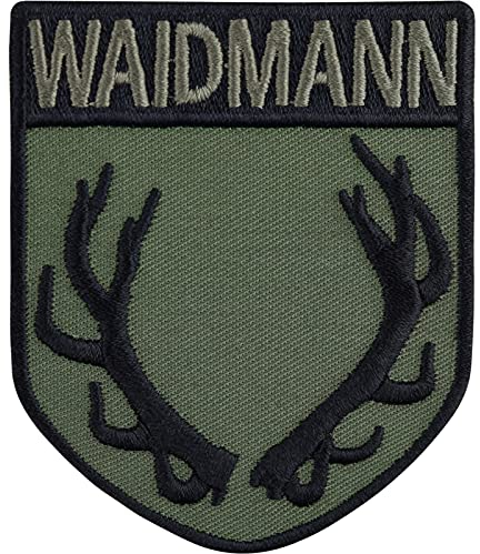 Waidmann Patch mit Geweih Geschenk für Jäger Häscher Förster Abzeichen Aufnäher Forst Bügelbild Stickerei Jagd Geschenk Applikation für Gewehrtasche/Jagdkleidung/Weste/Outdoorbekleidung/Hut 65x80mm
