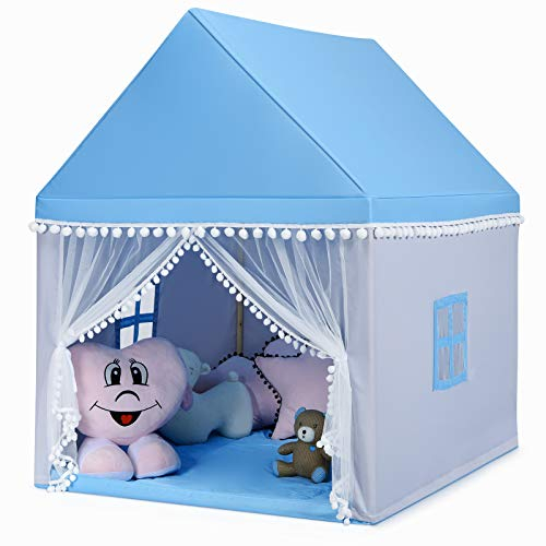 RELAX4LIFE Kinderspielhaus, Spielzelt mit Massivholzrahmen & Baumwolldecke, Kinderspielzelt für Mädchen Jungen, Zelt Prinzess Prinzessin, Tragbares Spielhaus für Innen und Außen, 105x120x140cm (Blau)