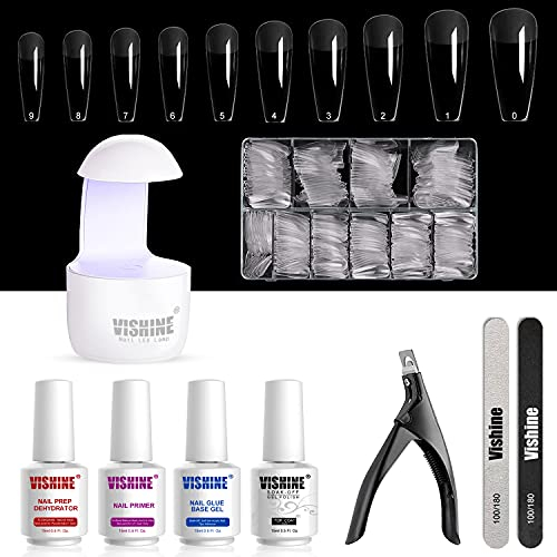 Vishine Kit Faux Ongles avec Colle Lampe Portable UV LED Kit Complet, 500Pcs Acrylique Pleine Couverture Faux Ongles Artificielle Prep Déshydrater Nail Primer Top Coat et Colle, Nail Art Kit