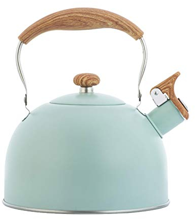 monshop Stove Top Kettle 2.5L Whistling Kettle, Stainless Steel Kettle Wood Grain Handle, Teapot With Wooden Anti-Scald Handle For Gas Stove, Ceramic Stove, Electric And Induction Hob, Light Green